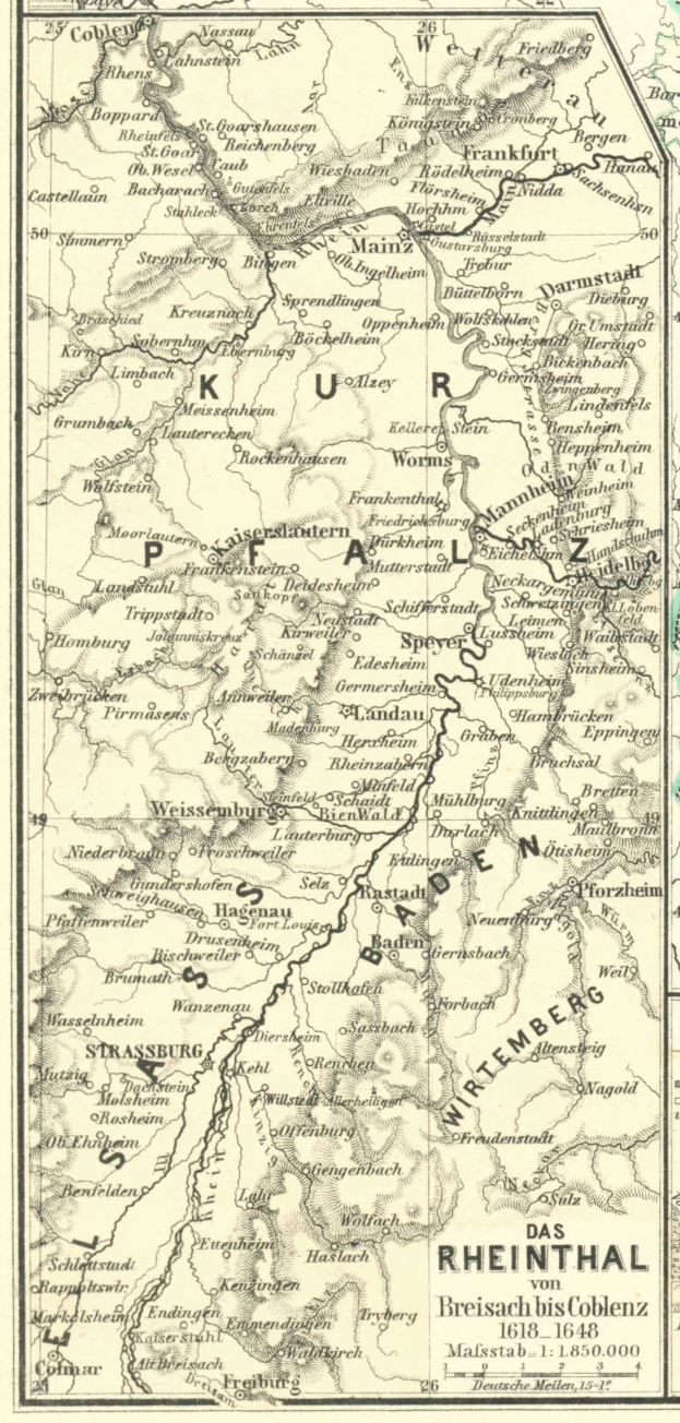 Ein detaillierter alter Plan des Rheins in Deutschland, der Flüsse, Städte und Gewässer zeigt, mit beschreibendem Text oben und unten.