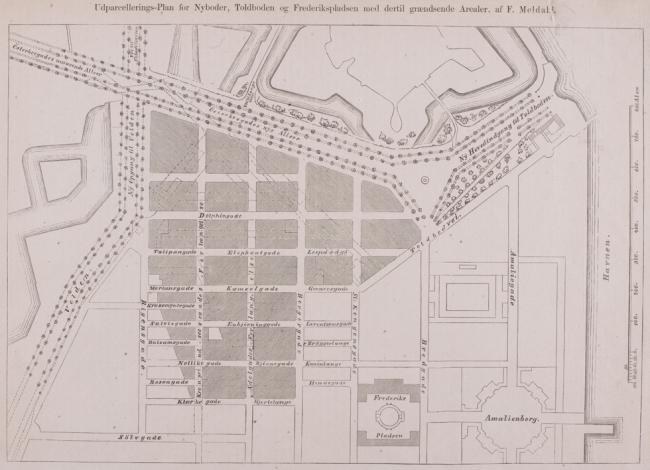 Alte Karte von Amsterdam, Niederlande, mit Plan für Nybolder, Toldbolder und Frederikkepladen sowie begleitendem Text.