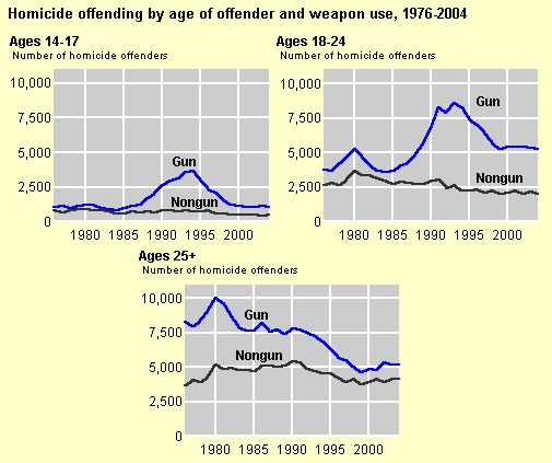 Balkendiagramm, das die Homicid-Offending-Rates nach Alter des Täters und Waffentyp von 1976 bis 2004 zeigt, mit begleitendem erklärendem Text.