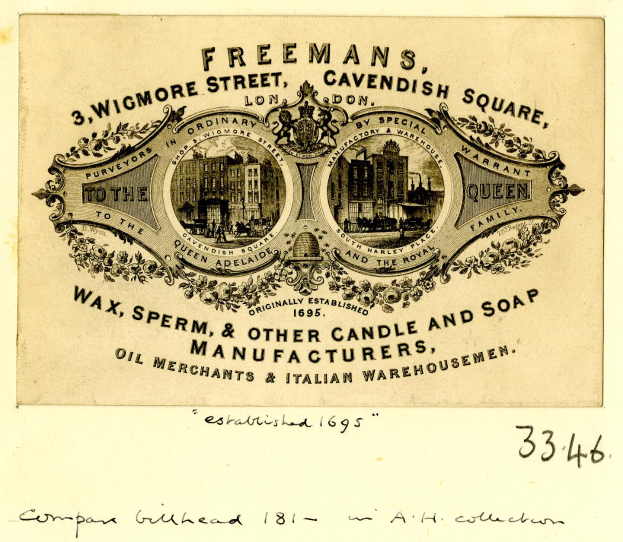 Eine alte Reklame für Freeman's Wachs, Sperma und andere Kerzen- und Seifenhersteller, die ein Bild eines Gebäudes mit Text darauf zeigt.