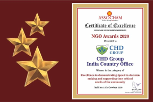 Auszeichnung 'Certificate of Excellence' für die Ngo Awards 2020 an Chd Group India Country Office, mit einem Schild-Logo mit einem zentralen Stern und einem Lorbeerkranz.