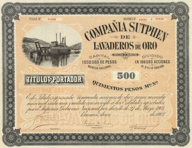 Ein altes Wertpapierzertifikat mit einem großen Boot mit weißem Rumpf und blauer Segel, vor einem hellblauen Himmel mit weißen Wolken.