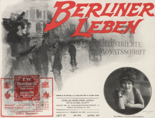 Eine Frau in einem Kleid und ein Mann in einem Anzug sind auf einem Filmwerbeplakat für "Berliner Leben" zu sehen, das auch Text, einen Stempel, einige Menschen und ein Gebäude im Hintergrund enthält.