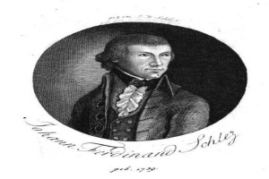 Schwarzes und weißes Porträt von Johann Ferdinand Schley, einem deutschen Komponisten, der einen Mantel trägt, mit begleitendem Text.
