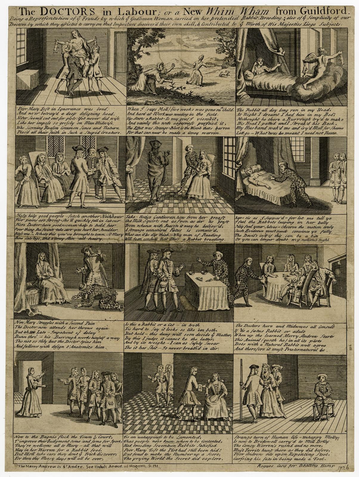 Ein Blatt mit Illustrationen und Text, das Ärzte bei der Arbeit oder einen neuen Wham aus Guildford zeigt, einschließlich eines Arztes in einem Laborkittel, einer Krankenschwester in einem Kleid und eines Patienten in einem Krankenhausbett.