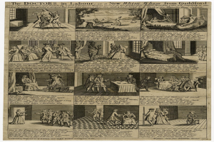 Ein Blatt mit Illustrationen und Text, das Ärzte bei der Arbeit oder einen neuen Wham aus Guildford zeigt, einschließlich eines Arztes in einem Laborkittel, einer Krankenschwester in einem Kleid und eines Patienten in einem Krankenhausbett.