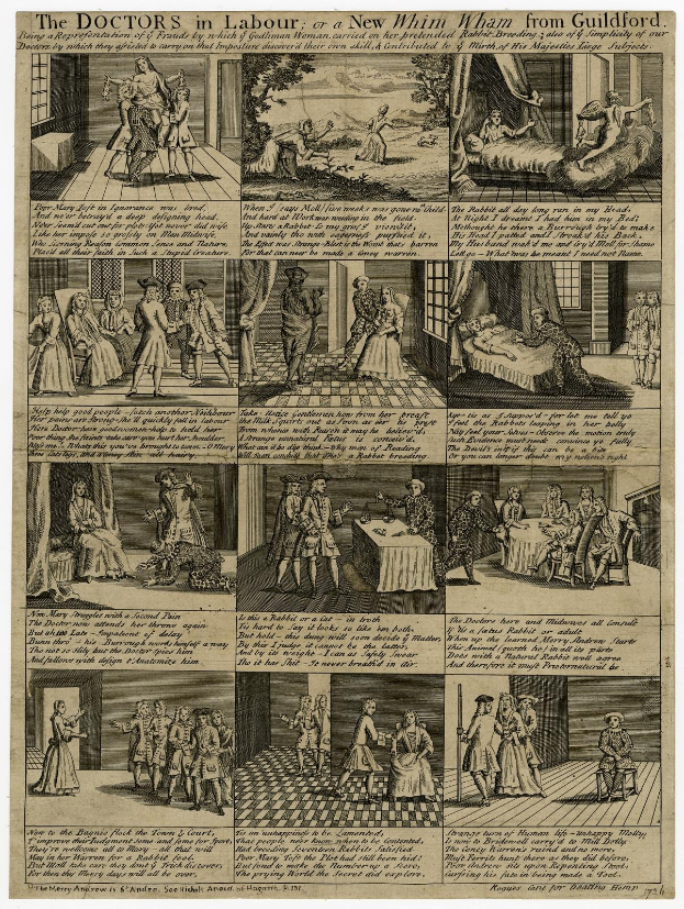 Ein Blatt mit Illustrationen und Text, das Ärzte bei der Arbeit oder einen neuen Wham aus Guildford zeigt, einschließlich eines Arztes in einem Laborkittel, einer Krankenschwester in einem Kleid und eines Patienten in einem Krankenhausbett.