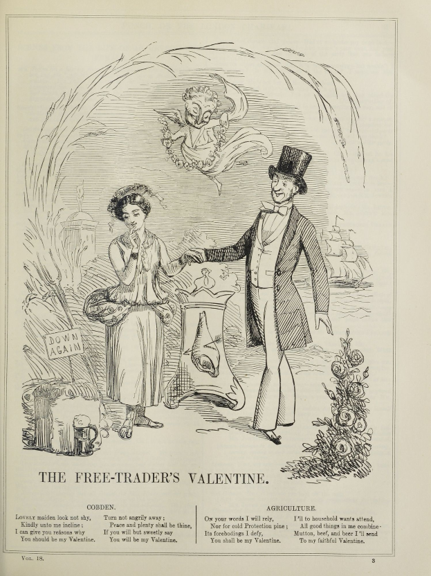 Ein Blatt Papier mit einer Zeichnung eines Mannes im Anzug und einer Frau mit Blumen, die nebeneinanderstehen und zufriedene Gesichter machen, sowie der Text "The Free-Trader's Valentine" darüber.