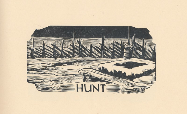 Eine Schwarz-Weiß-Zeichnung eines Bootes im Wasser mit einem hölzernen Zaun und einem Eimer und dem Wort 'Jagd' darunter geschrieben.