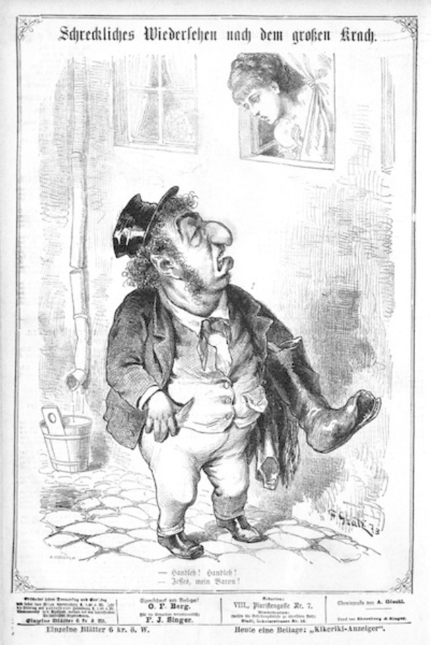 Zeichnung eines Mannes mit Zylinder und einer Frau in einem Kleid neben einer Wand mit Fenster, Eimer und anderen Gegenständen; Text unten lautet "F. J. Singer, der erste deutsche Politiker, der in den Kongress gewählt wurde."
