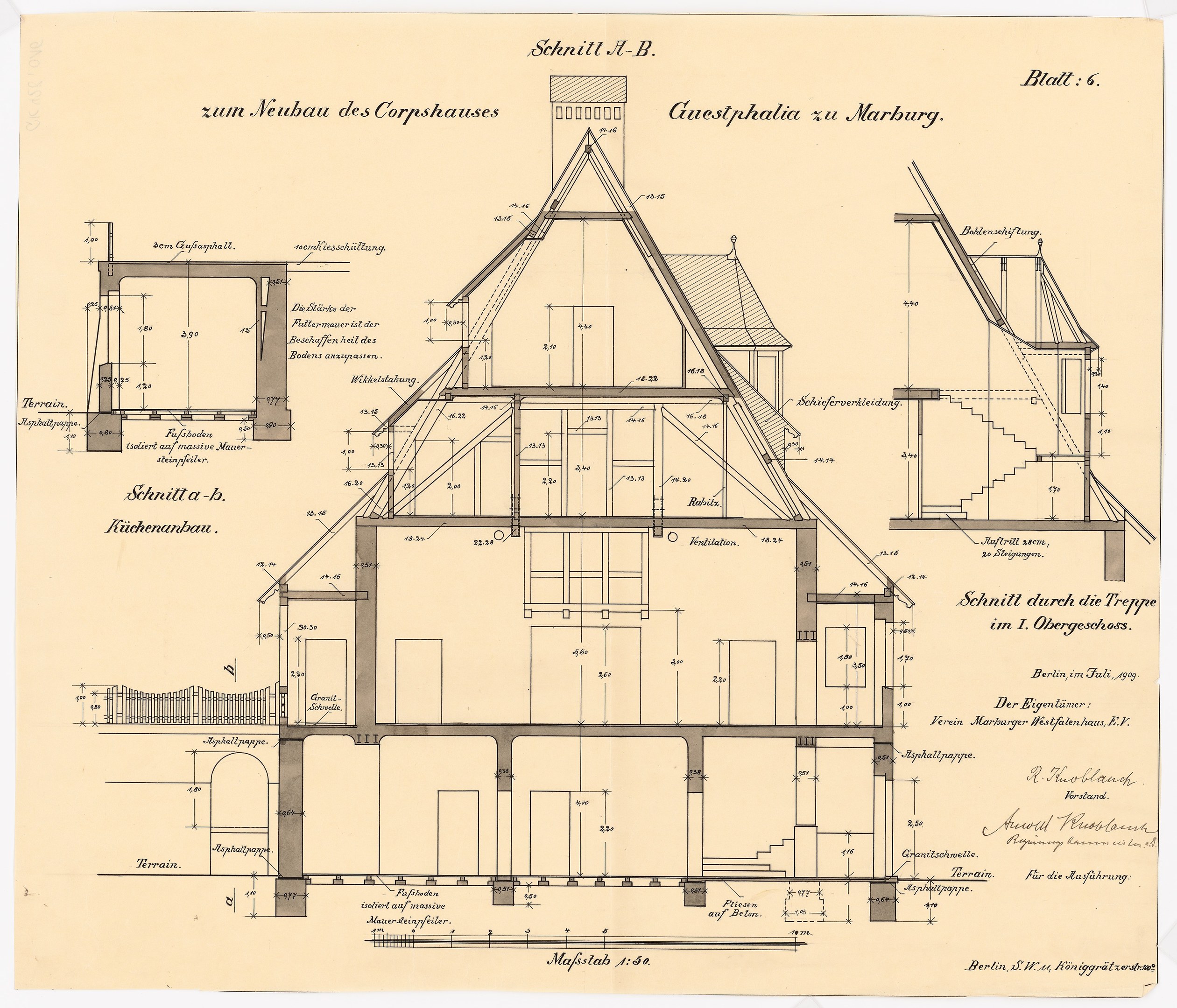 Ein detailliertes architektonisches Zeichnung eines Hauses mit zahlreichen Fenstern und einem Dach, das als erstes Haus in Deutschland gilt, begleitet von Plänen und Texten, die seinen Aufbau beschreiben.