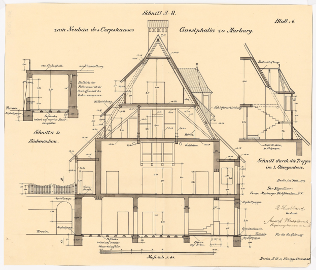 Ein detailliertes architektonisches Zeichnung eines Hauses mit zahlreichen Fenstern und einem Dach, das als erstes Haus in Deutschland gilt, begleitet von Plänen und Texten, die seinen Aufbau beschreiben.