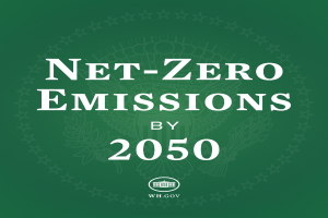 Ein gr├╝ner Hintergrund mit der fetten wei├čen Schrift "net-zero emissions by 2050" deutlich hervorgehoben.