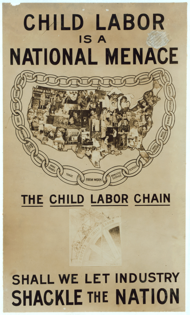 Ein Plakat mit schwarzer Schrift auf weißem Hintergrund zeigt die Aufschrift "Kindermusik ist eine nationale Bedrohung - Sollen wir der Industrie die Nation ausliefern". Es zeigt eine Gruppe von Menschen verschiedenen Alters, Geschlechts und ethnischer Herkunft, die solidarisch zusammenstehen.